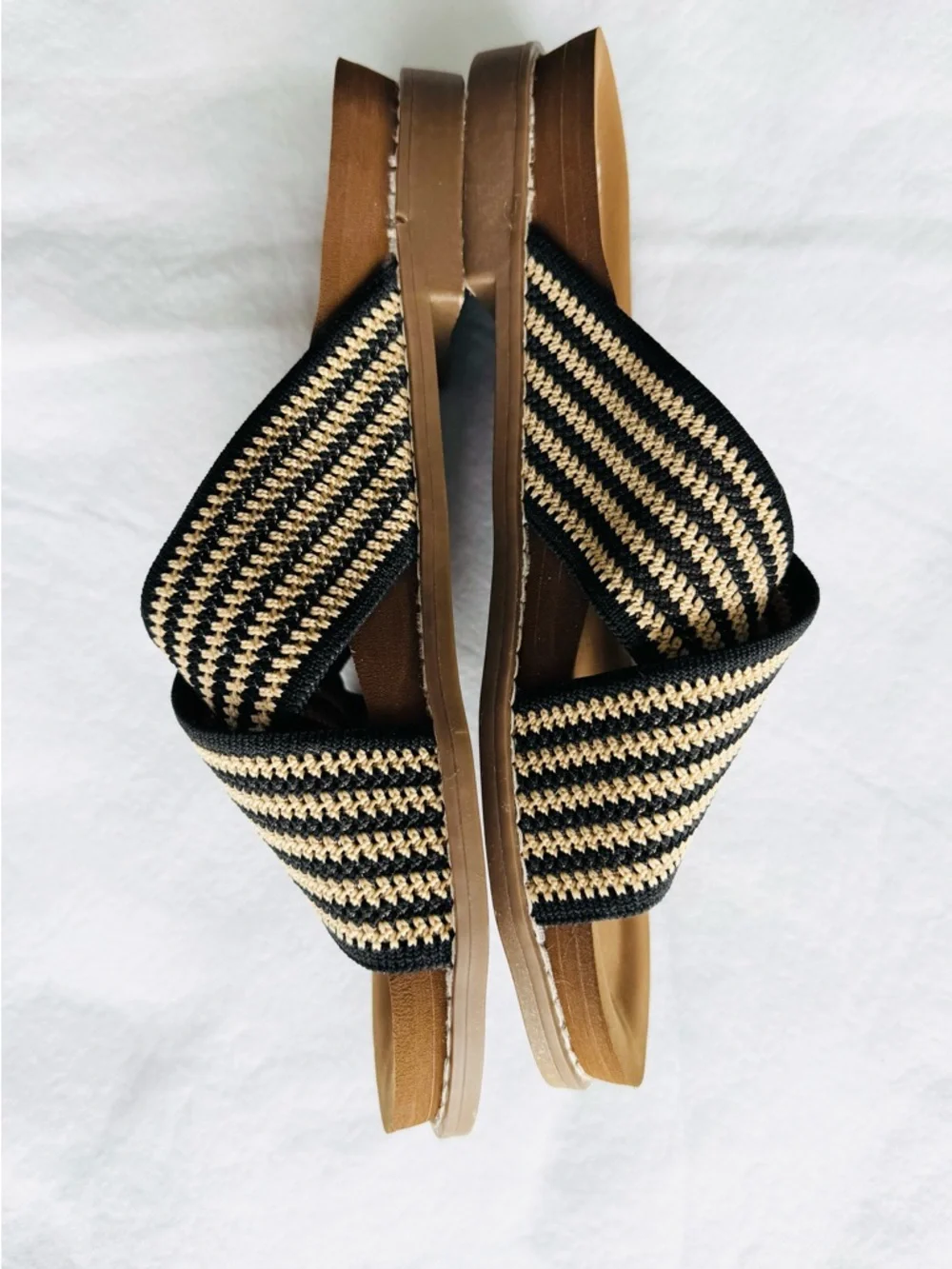 Yellow Box Women's Black and Beige Striped Crisscross Slide Sandals - Picture 3 of 4